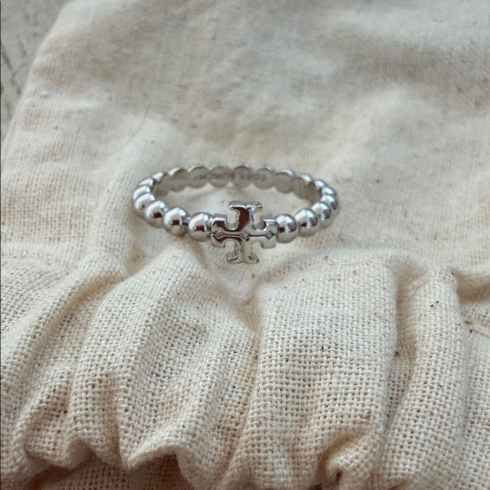 Tory Burch Silver Beaded Logo Ring